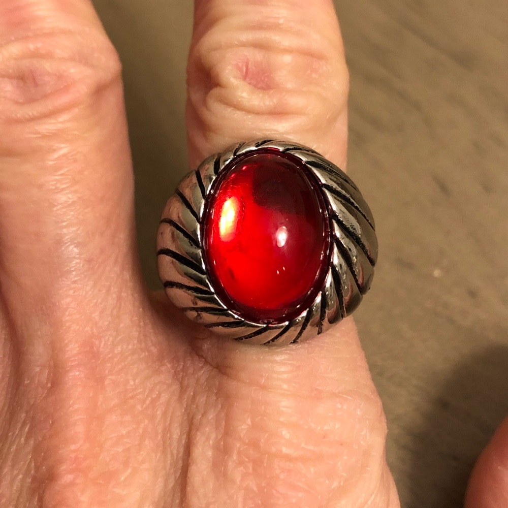 Red Faux Gemstone Silver Tone Cocktail Ring - Costume Jewelry